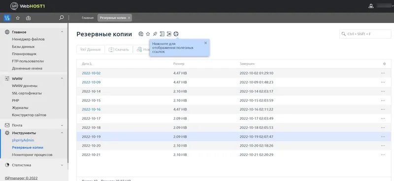 Страница управления резервными копиями