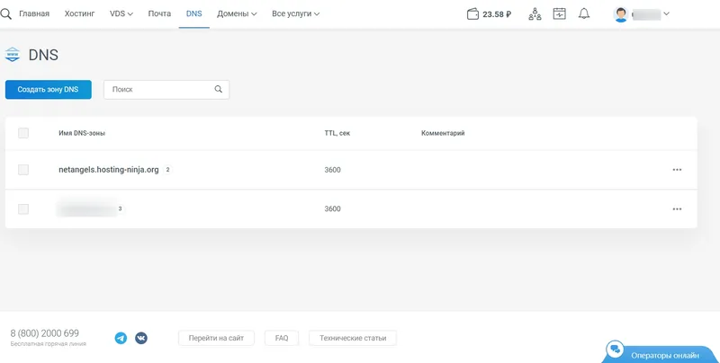 Страница управления DNS записями