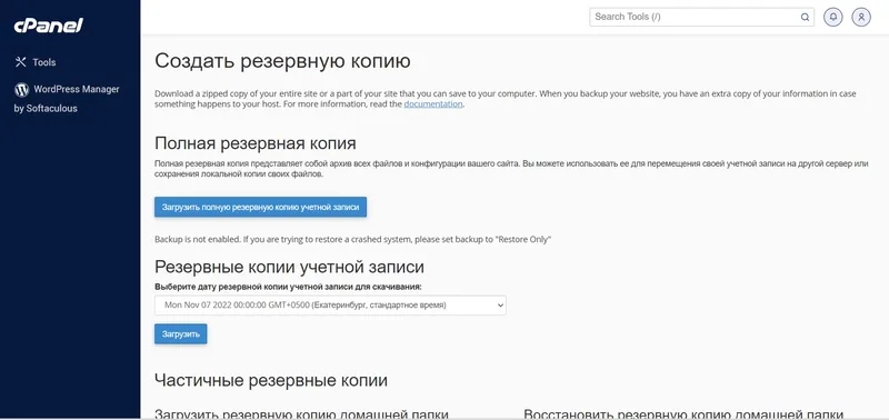 Страница управления резервным копированием