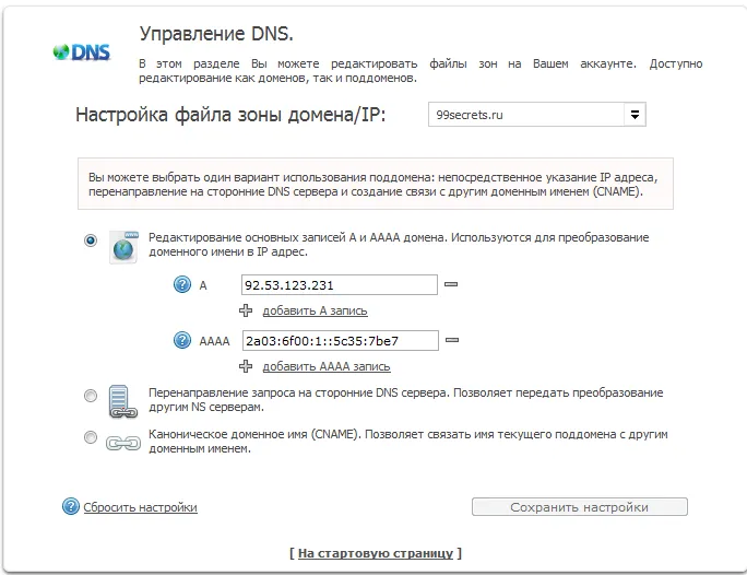 Управление DNS (старая панель управления) 