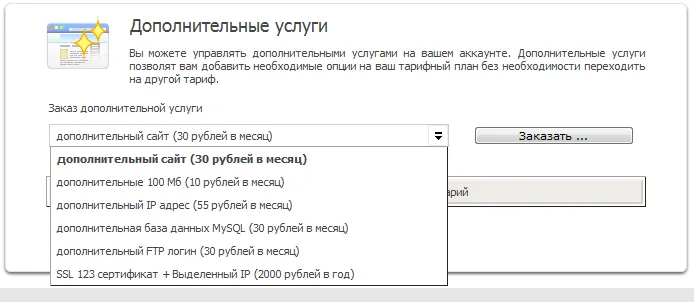 Заказ дополнительных услуг (старая панель управления)