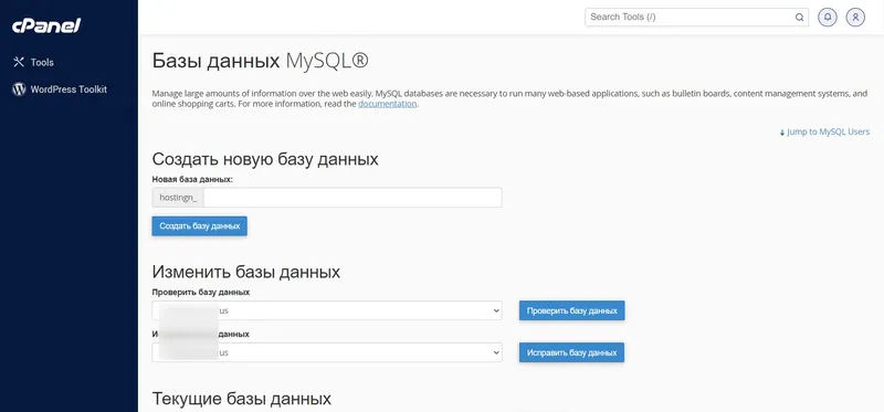 Страница управления базами данных